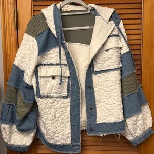 POL Quilted Patchwork Jacket in White, Blue, and Gray